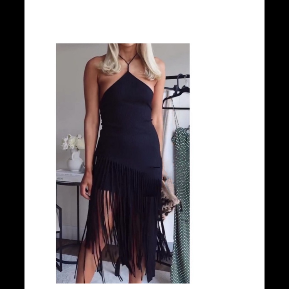 Zara Black Halter Fringe Midi Dress